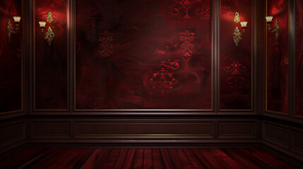 Wine red wall background, wine red stage, banner style presentation, perfect for product mockups and displays, copy space, space for text, Generative AI.ワインレッドの壁の背景、ワインレッドのステージ、バナー形式のプレゼンテーション