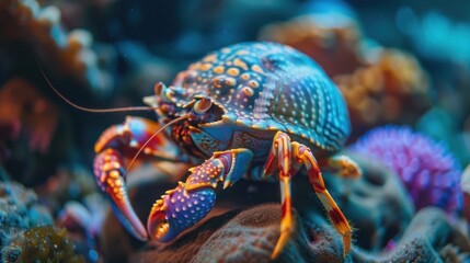 Close-up of a large, brightly colored hermit crab swimming alone under the sea.