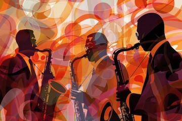 Illustration of an African-American jazz band playing together, abstract background