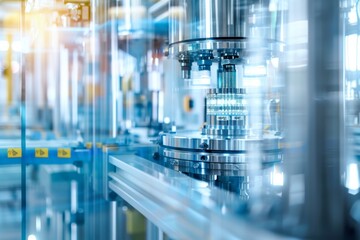 A machine is in a factory with a blurry background. The machine is made of metal and has a shiny surface