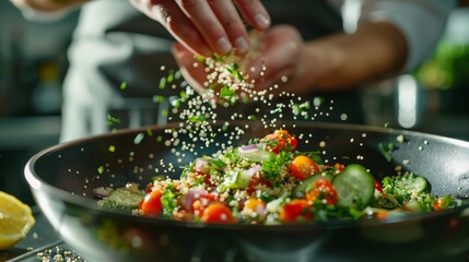 Chef Sprinkling Herbs on Fresh Vegetable Salad