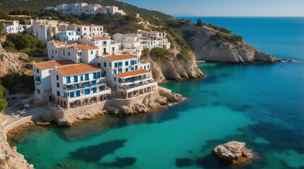 Fototapeta premium Stunning Mediterranean coastal village with white houses and turquoise waters in Greece on a sunny day