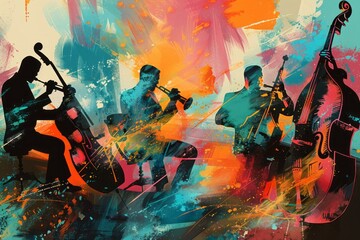 Illustration of an African-American jazz band playing together, abstract background