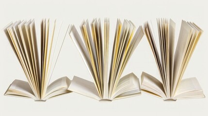 A simple yet elegant arrangement of five open books with clear pages, each aligned in a row but at ascending angles, on a transparent background for modern designs.