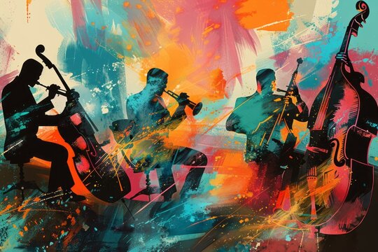 Illustration of an African-American jazz band playing together, abstract background