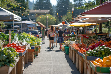 A bustling farmers market showcasing sustainable practices with a focus on recycling, composting, organic produce, and eco-friendly products.. AI generated.