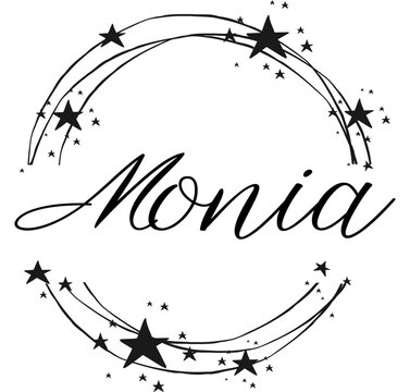 Monia - name written between circles and stars, round logo, vector graphics for parties and Christmas period, banners, cards, sweatshirt, prints, cricut, silhouette, sublimation
