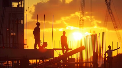 Construction Team at Sunset: Building Foundations