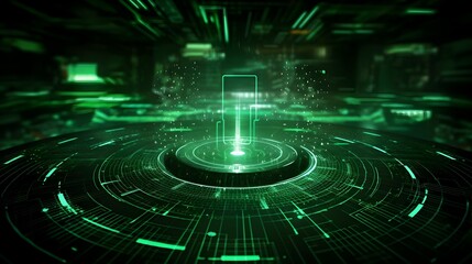 Green Futuristic Digital Hologram of Encrypted Cyber Security Interface