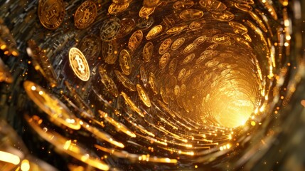 A tunnel filled with numerous gold coins, shining and glittering under the light