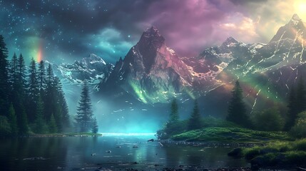 Mystical Mountain Landscape with Northern Lights