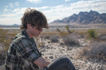 Fototapeta premium Boy sitting on a rock in the desert 