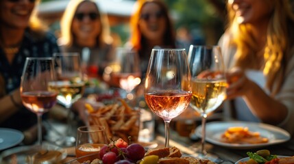 Friends socialising together, drinking wine outdoors