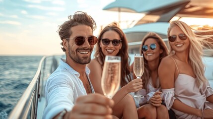 Friends party and drinking wine on a yacht