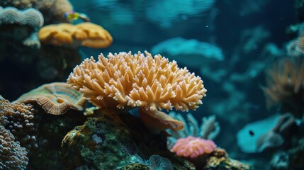 Close-up of a large, colorful coral swimming alone under the sea.