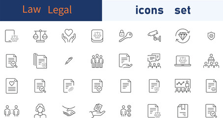 Law icons Pixel line icons set. linear style symbols collection, outline signs pack. vector graphics. Set includes icons as online attorney service, law book, agreement, contract, report, signature