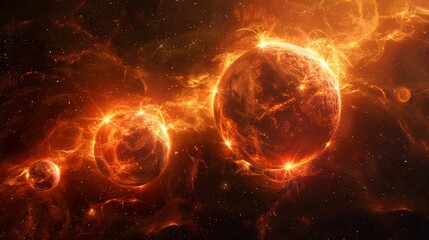 Obraz premium Three fiery orbs in space radiate heat and energy.