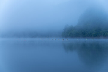 霧に包まれた美しい湖　精進湖