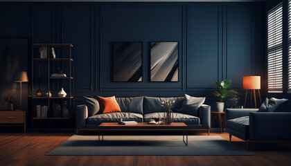 A modern living room with a black couch, a coffee table, and a potted plant