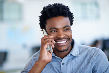 Happy, black man and consultant with phone call for friendly discussion, chat or proposal at...