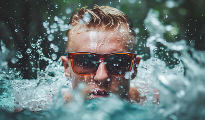 Young adult caucasian man with sunglasses splashed by water