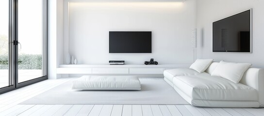 Fototapeta premium Minimalist living room in white color with a white sleeper sofa, a minimalist media center, and contemporary lighting fixtures