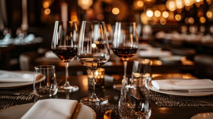Elegant dining setup with wine glasses at a warm ambient restaurant