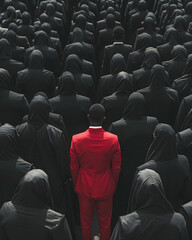 An outstanding red suit man in the crowd of candidates, a group of business people in a formal suit for HR hiring,  Job opportunity recruitment for HR agency, and vacancy concept. Shrewd