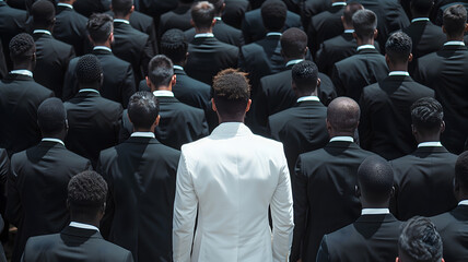 An outstanding white suit man in the crowd of candidates, a group of business people in a formal suit for HR hiring,  Job opportunity recruitment for HR agency, and vacancy concept. Shrewd
