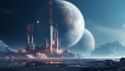 A space scene with a large building in the middle - Powered by Adobe