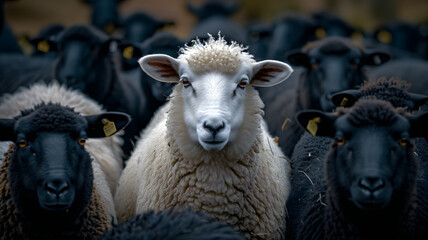 Fototapeta premium An outstanding white sheep among the black sheep. Standout uniqueness appeal and personality diversity concept. Be different with your own identity and beauty.