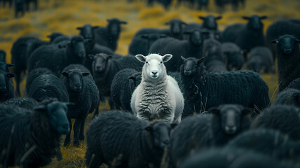 An outstanding white sheep among the black sheep. Standout uniqueness appeal and personality diversity concept. Be different with your own identity and beauty.
