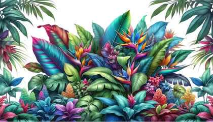 Acrylglasbilder Dschungel A vibrant and colorful illustration of Aglaonema foliage with different types of tropical flowers  © monkik