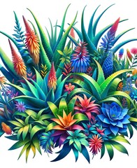 A vibrant and colorful illustration of Aloe vera foliage with different types of tropical flowers