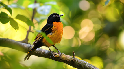 Fototapeta premium Vibrant orange bird perched on branch. A striking orange bird with a black head and wings perches on a branch in a lush green forest.