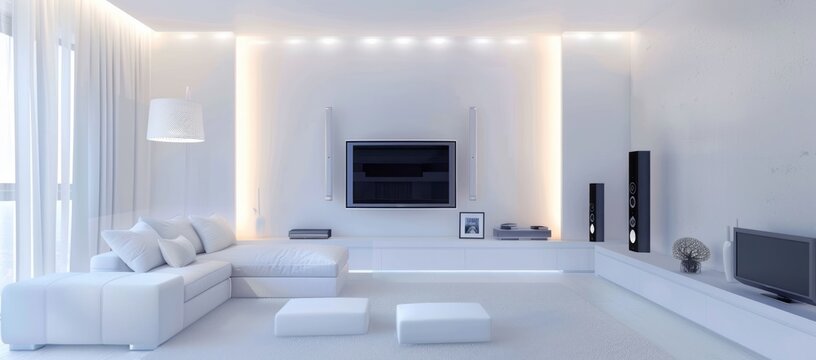 Minimalist living room in white color with a white sleeper sofa, a minimalist media center, and contemporary lighting fixtures