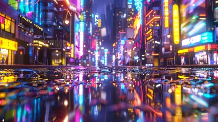 Obraz premium , metropolis skyline with neon lights and wet streets, representing a bustling urban nightlife and business hub.