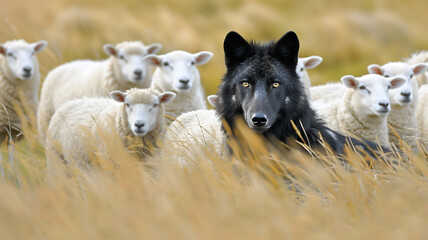 An outstanding black wolf among the white sheep. Standout uniqueness appeal and personality diversity concept. Predator among the prey, the hidden power in socialize.