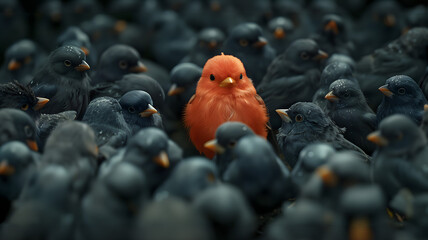 An outstanding red bird among the black birds. Standout uniqueness appeal and personality diversity concept. Be different with your own identity and beauty.