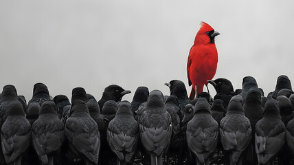 An outstanding red bird among the black birds on a white background. Standout uniqueness appeal and personality diversity concept. Be different with your own identity and beauty.
