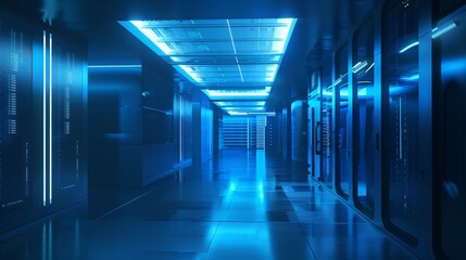A cutting-edge data center with futuristic blue lighting and digital displays.