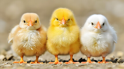 An outstanding yellow chick in the line of three young chicks in a studio setting light. Standout uniqueness appeal and personality diversity concept. Be different with your own identity and beauty.