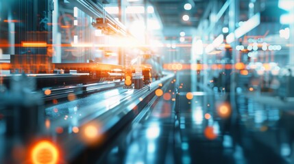 A blurry image of a factory floor with a robot in the middle. The robot is surrounded by a lot of light and the background is filled with bright colors. Scene is energetic and futuristic