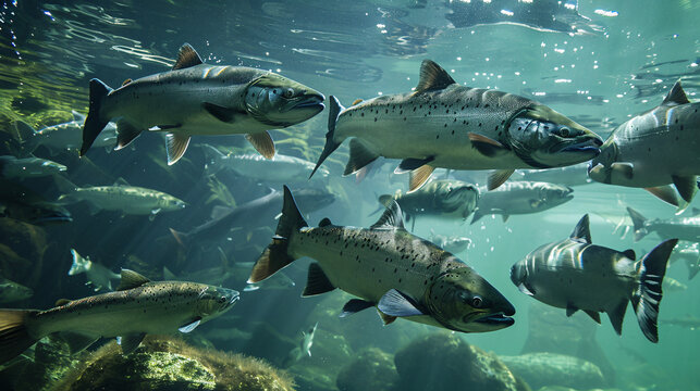 School of salmon swimming upstream. A school of salmon swim upstream in a river, their silver scales reflecting the sunlight through the water.