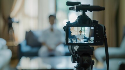 Behind the scenes of a video interview. Professional camera in focus. Modern, digital content creation for marketing campaigns. Home studio setup. AI