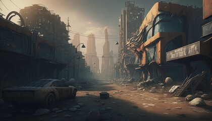 Empty ruined city. Post-apocalypse, houses and roads illustration.