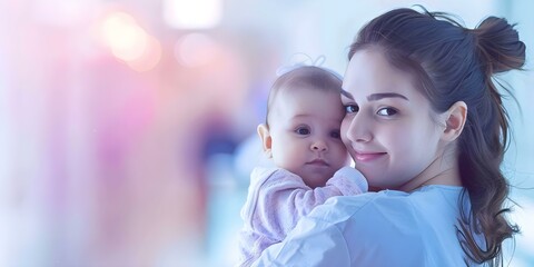 Midwife embraces newborn on International Day of the Midwife in hospital setting. Concept Healthcare, Maternity, Newborn, Celebration, Caregiver