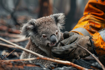 Injured koala being treated by a wildlife rescuer in a smoldering forest, the aftermath of a devastating fire.. AI generated.