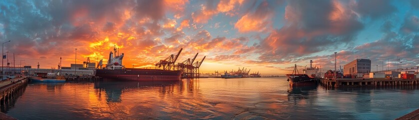 Obraz premium The warm hues of sunrise accentuate the industrial grace of a shipping port 