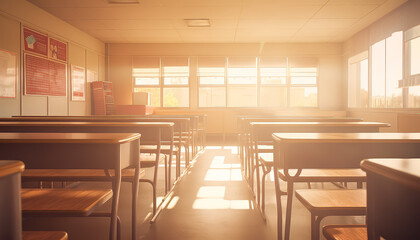 A classroom with a lot of empty chairs and tables